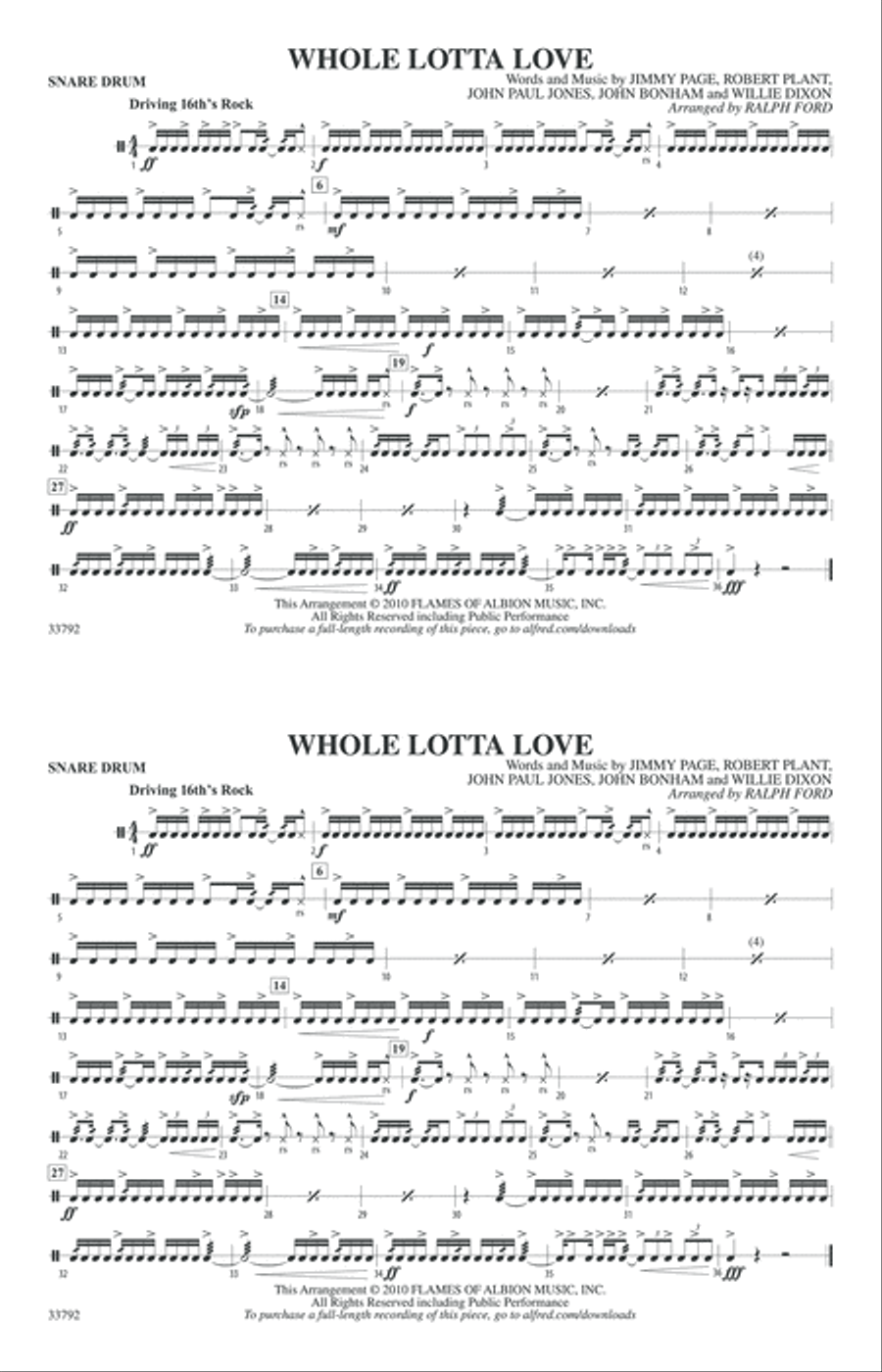 Whole Lotta Love: Snare Drum Marching Band scores gallery preview page 1