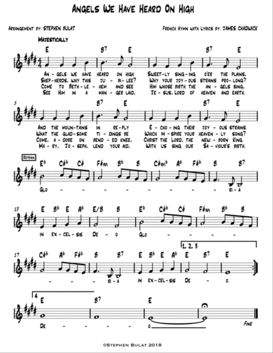 Angels We Have Heard On High - Lead sheet (melody, lyrics & chords) in key of E Piano, Vocal, Guitar scores gallery preview page 1
