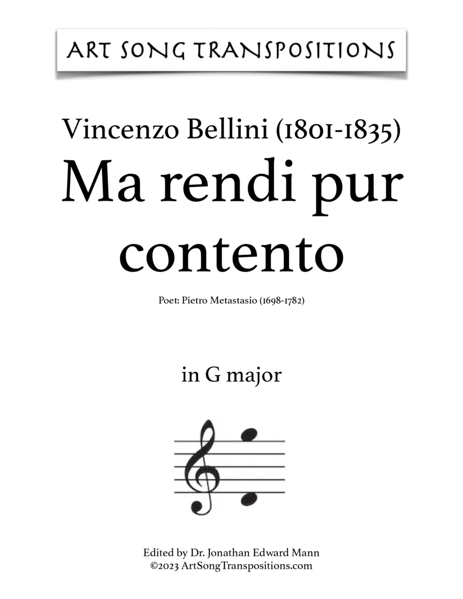 BELLINI: Ma rendi pur contento (transposed to G major) Voice scores gallery preview page 1