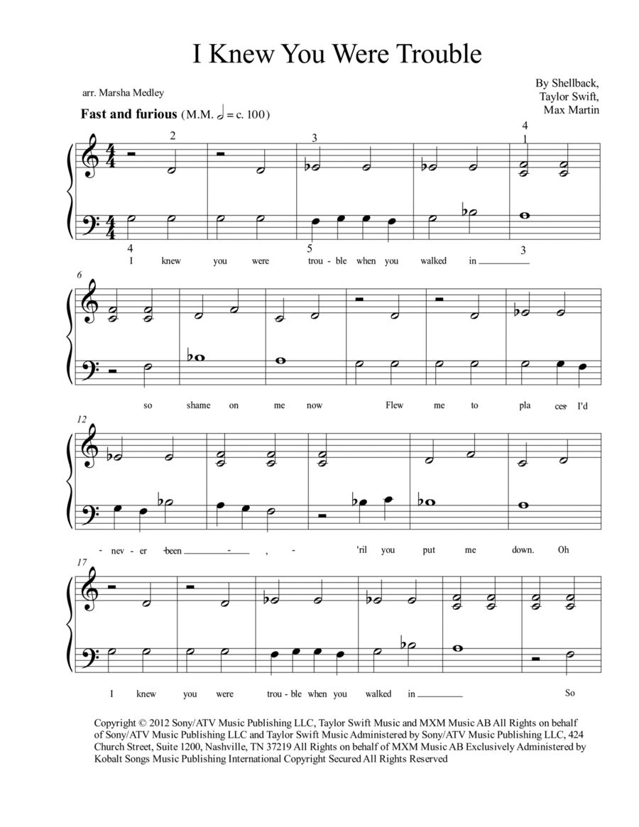 I Knew You Were Trouble Easy Piano scores gallery preview page 1