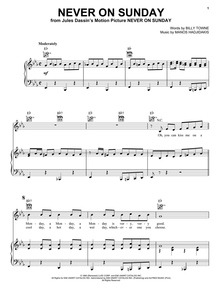 Never On Sunday Piano, Vocal, Guitar scores gallery preview page 1