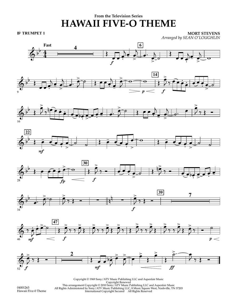 Hawaii Five-O Theme - Bb Trumpet 1 Concert Band scores gallery preview page 1