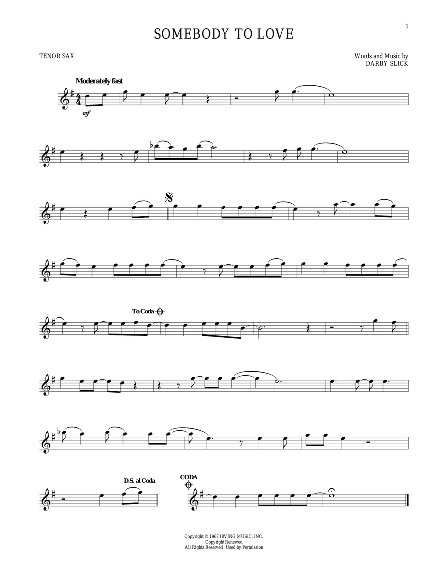 Somebody To Love Tenor Saxophone scores gallery preview page 1