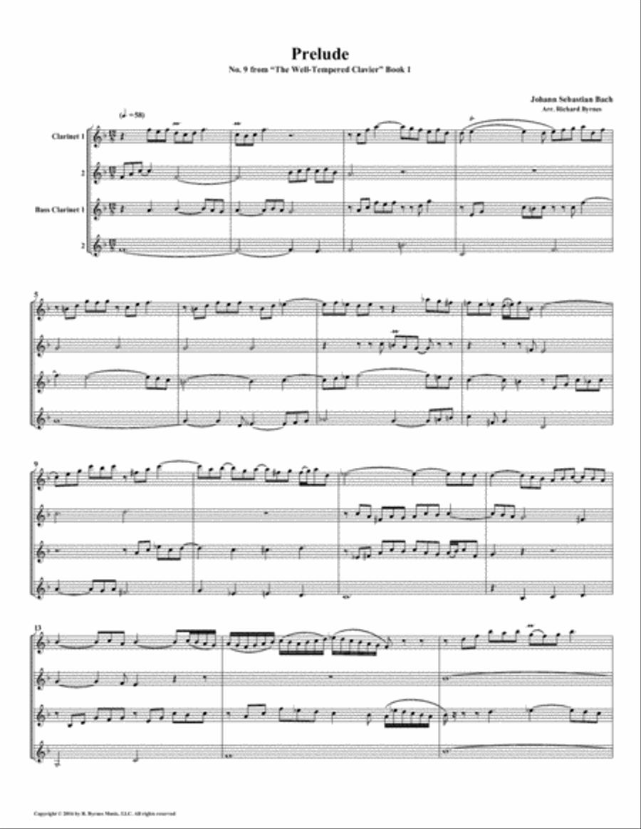 Prelude 09 from Well-Tempered Clavier, Book 1 (Clarinet Quartet) Clarinet Quartet scores gallery preview page 1