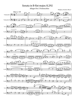 Mozart - Sonata in B-flat major, K.292 I.Allegro - For 2 Cellos Original Score and Parts