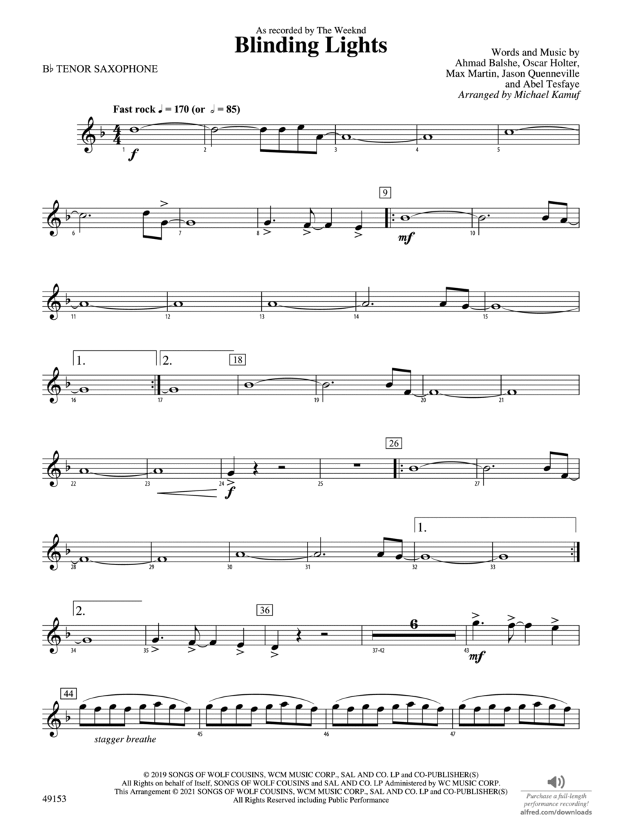 Blinding Lights: B-flat Tenor Saxophone Concert Band scores gallery preview page 1