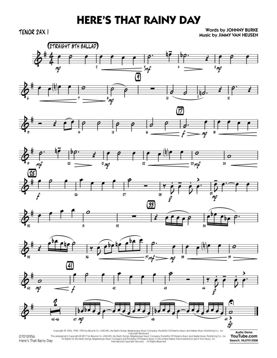 Here's That Rainy Day - Tenor Sax 1 Tenor Saxophone scores gallery preview page 1
