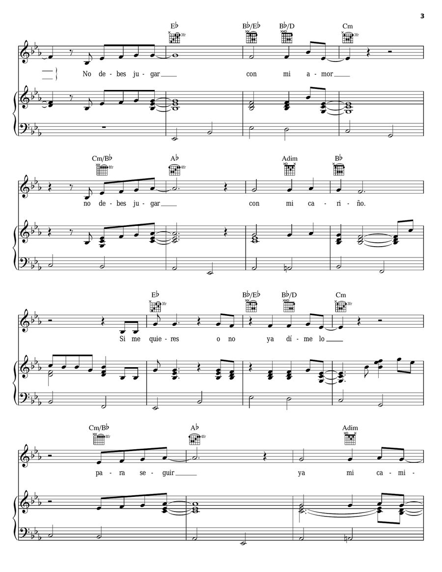 No Debes Jugar Piano, Vocal, Guitar scores gallery preview page 3