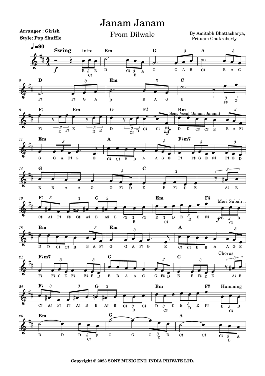 Janam Janam Instrumental Easy Piano scores gallery preview page 1