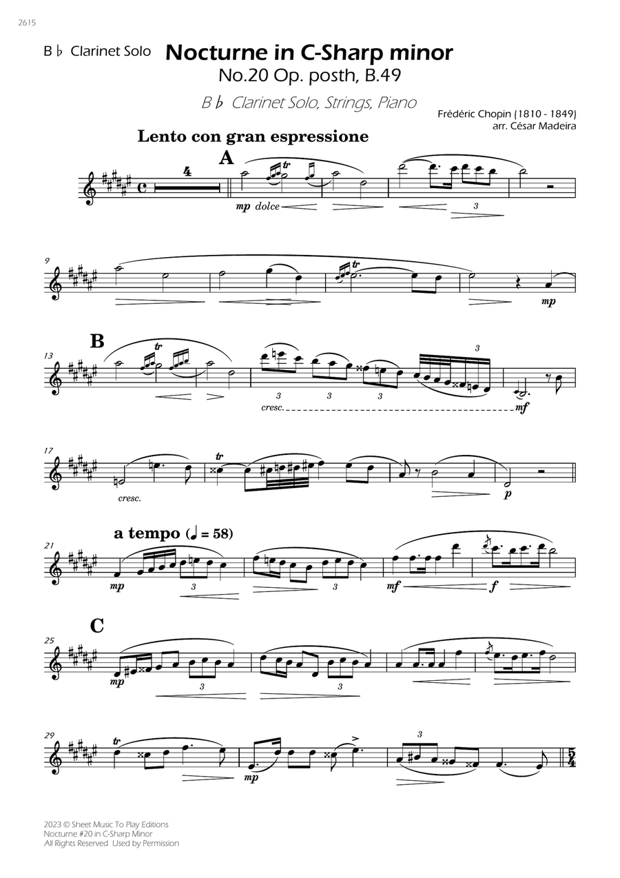 Nocturne No.20 in C Sharp minor - Clarinet Solo, Strings and Piano (Individual Parts) Large Ensemble scores gallery preview page 1