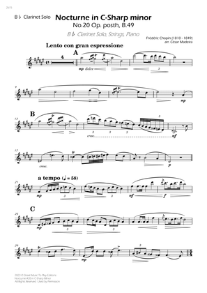 Nocturne No.20 in C Sharp minor - Clarinet Solo, Strings and Piano (Individual Parts)