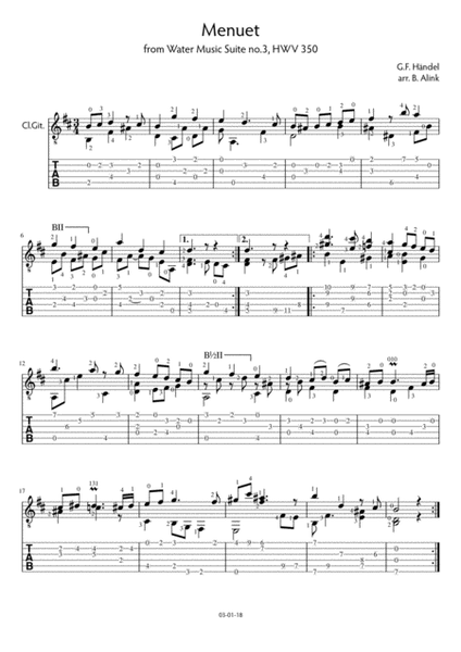Menuet from Water Music - G.F. Händel (score + tab)