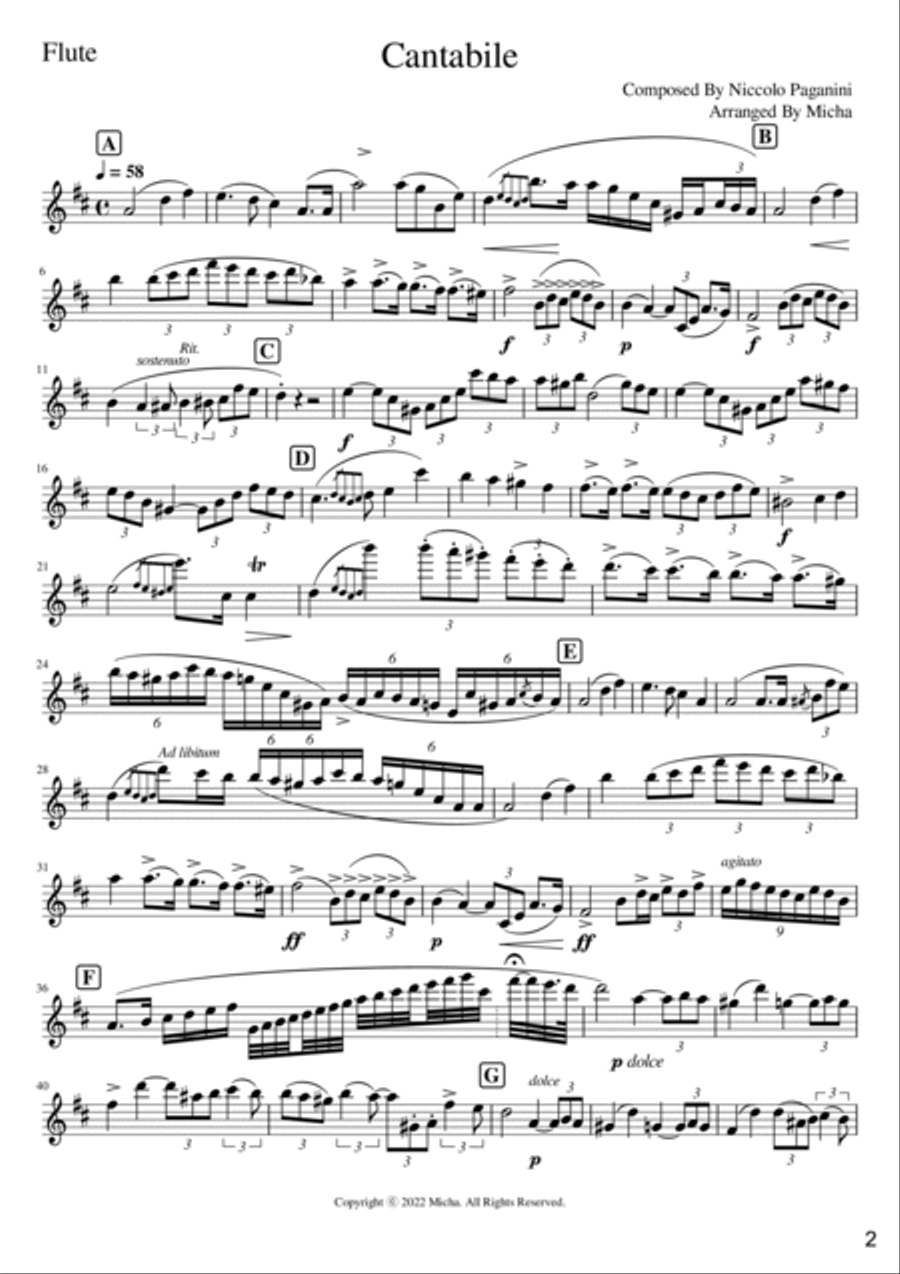 Cantabile By Paganini For Flute With Guitar or Piano Flute Solo scores gallery preview page 2