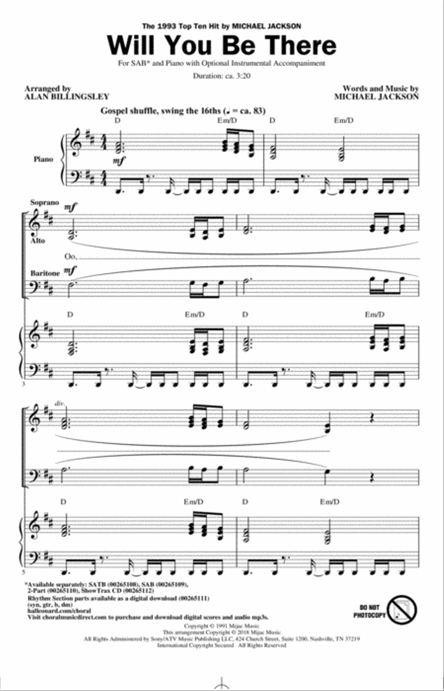 Will You Be There (arr. Alan Billingsley) 3-Part scores gallery preview page 1