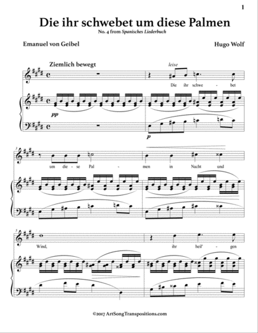 WOLF: Die ihr schwebet um diese Palmen (transposed to E major) Voice scores gallery preview page 2