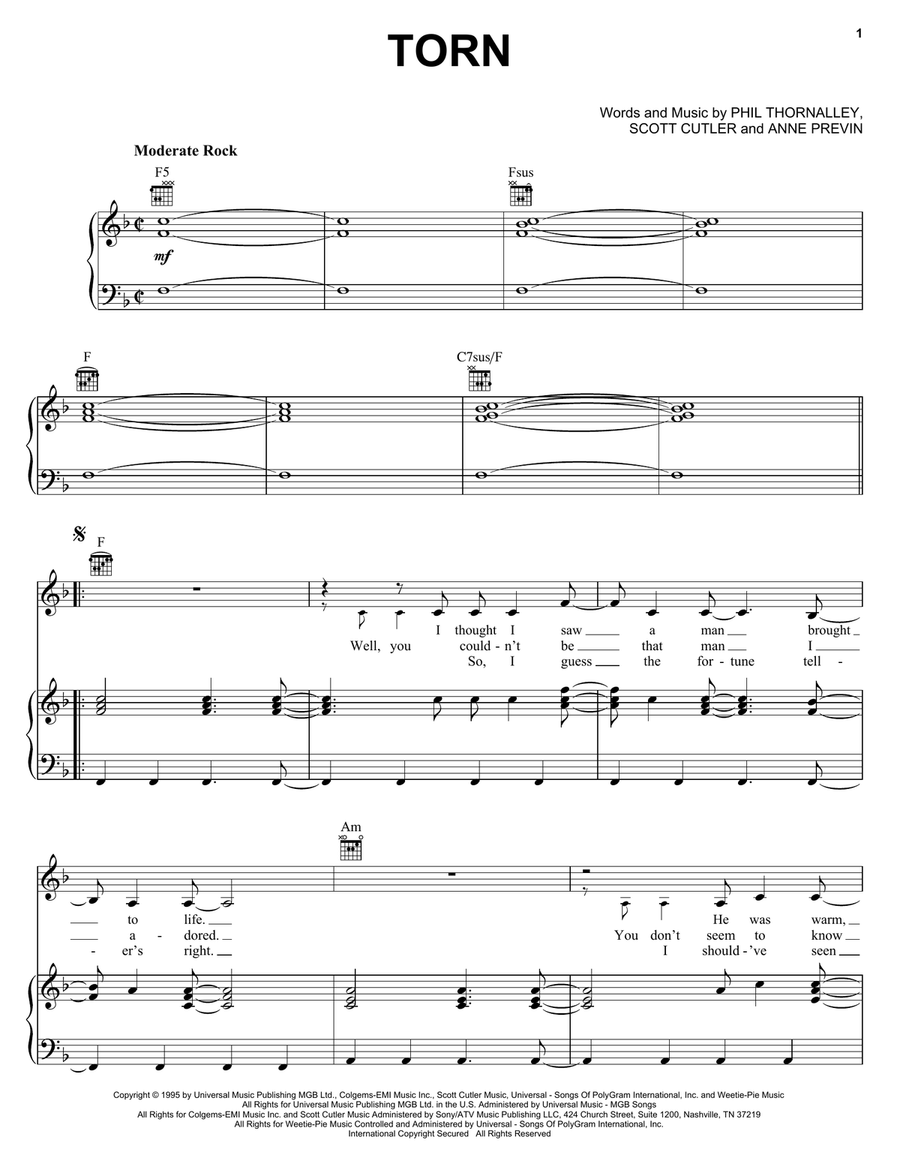 Torn Torn Piano, Vocal, Guitar scores gallery preview page 1