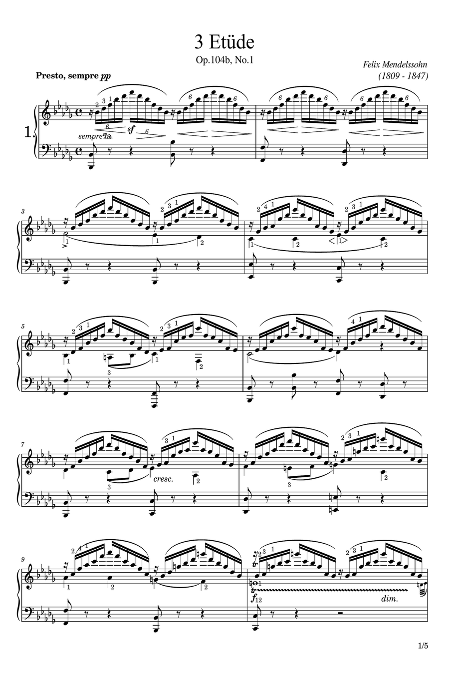 Mendelssohn - 3 Etudes, Op.104b No.1 - Original With Fingering - For Piano Solo Piano Method scores gallery preview page 1