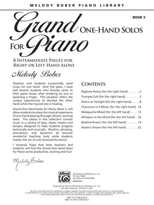 Book cover for Grand One-Hand Solos for Piano, Book 5: 8 Intermediate Pieces for Right or Left Hand Alone