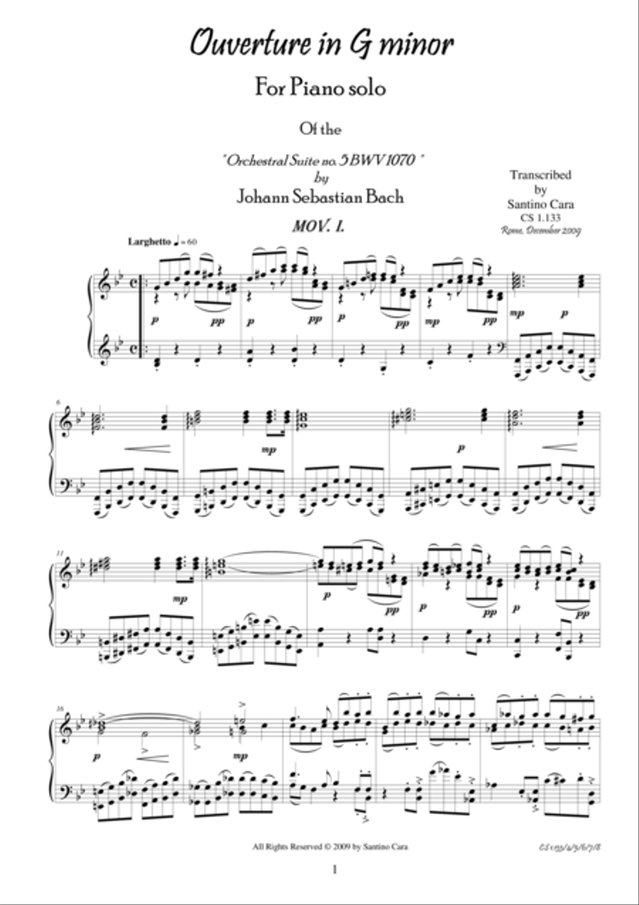 J.S.Bach - Suite (Ouverture) in G minor no.5 BWV 1070 for piano - Complete Piano Solo scores gallery preview page 1