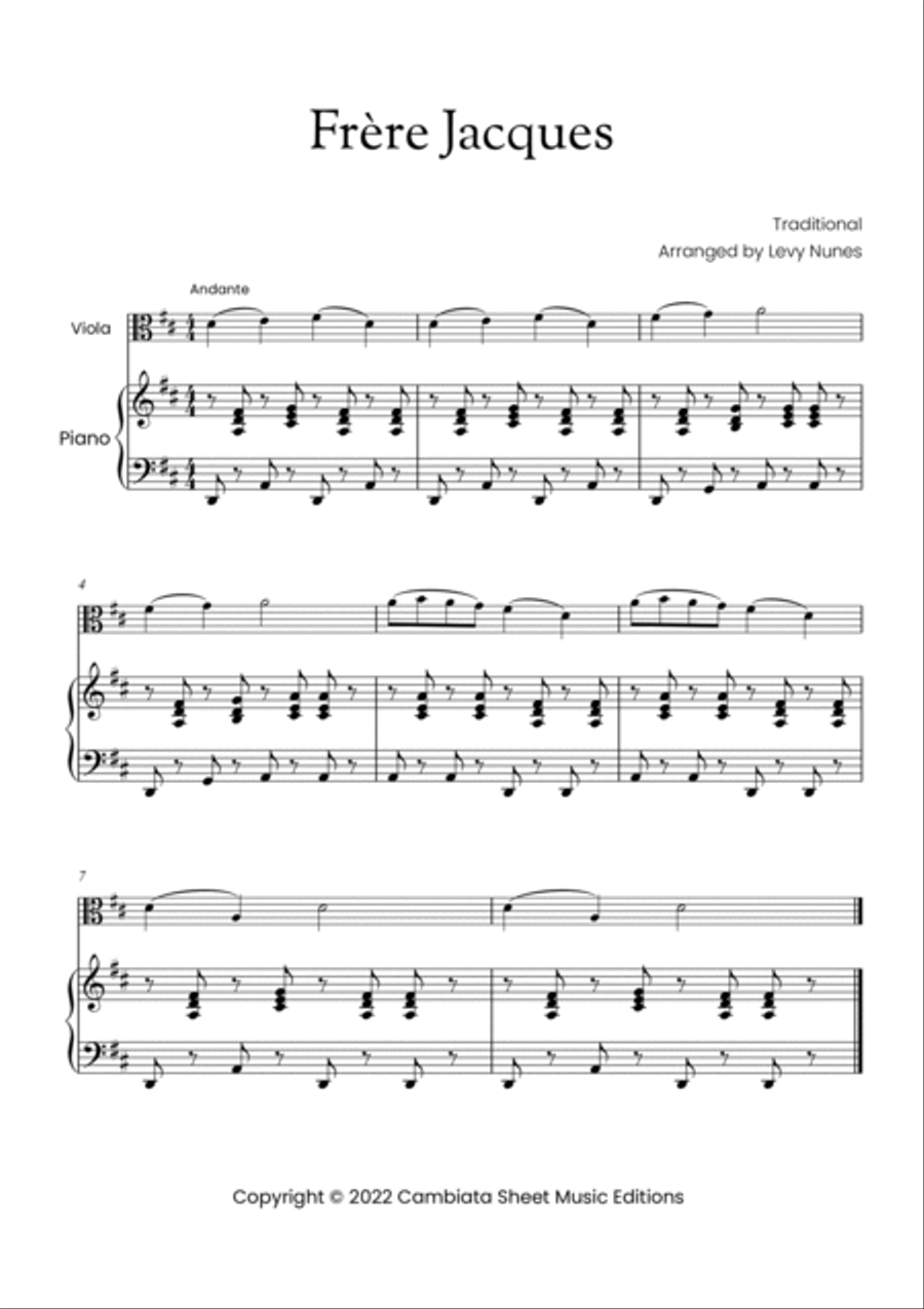 Frère Jacques - Solo viola and piano accompaniment (Easy) Piano scores gallery preview page 2