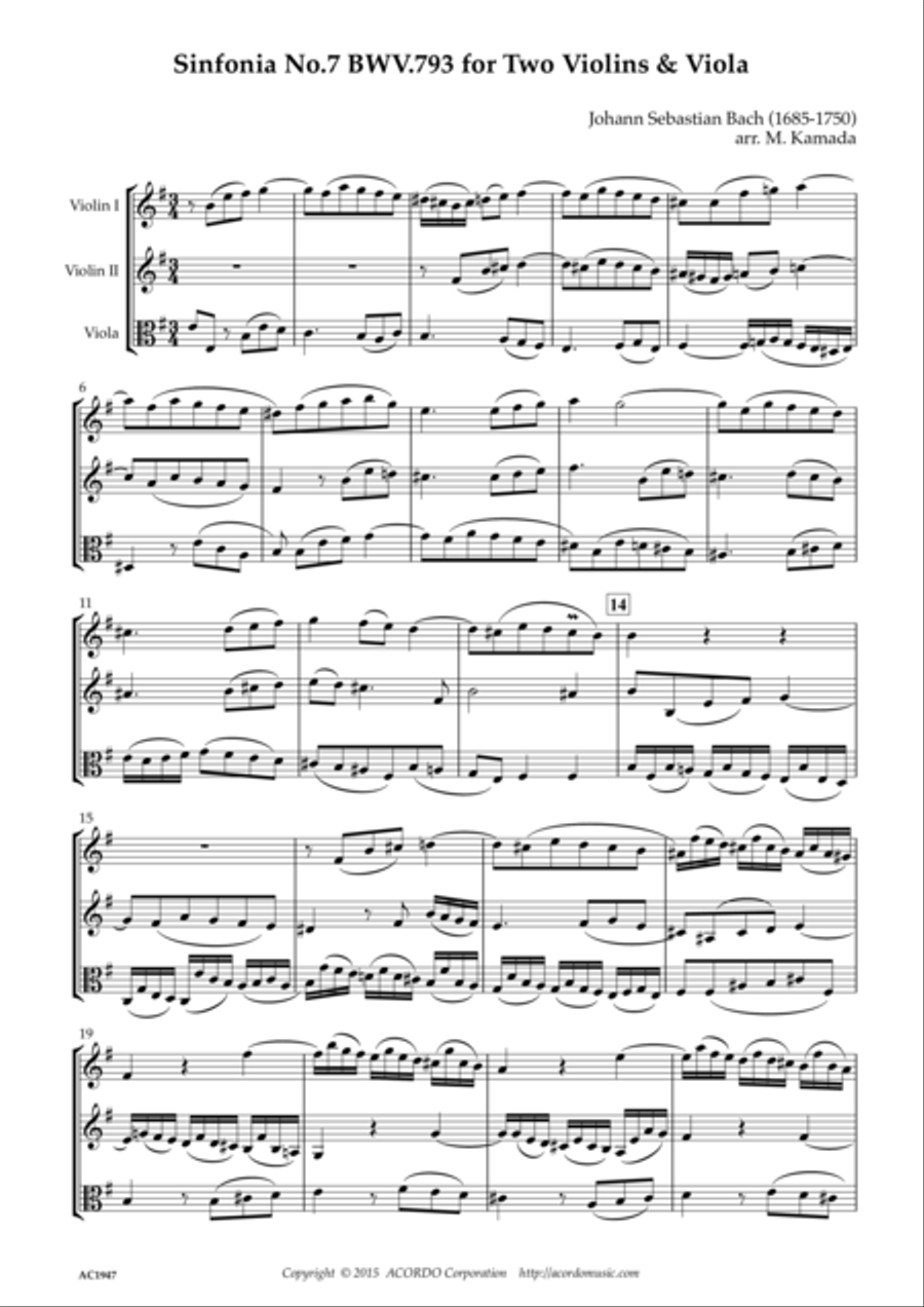 Sinfonia No.7 BWV.793 for Two Violins & Viola String Trio scores gallery preview page 1