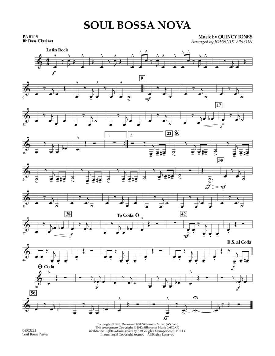 Soul Bossa Nova (arr. Johnnie Vinson) - Pt.5 - Bb Bass Clarinet Concert Band scores gallery preview page 1