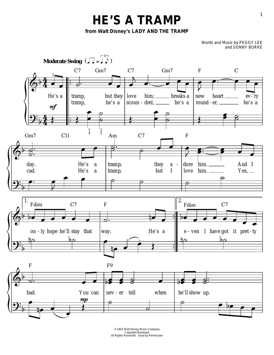 He's A Tramp (from Lady And The Tramp) Easy Piano scores gallery preview page 1