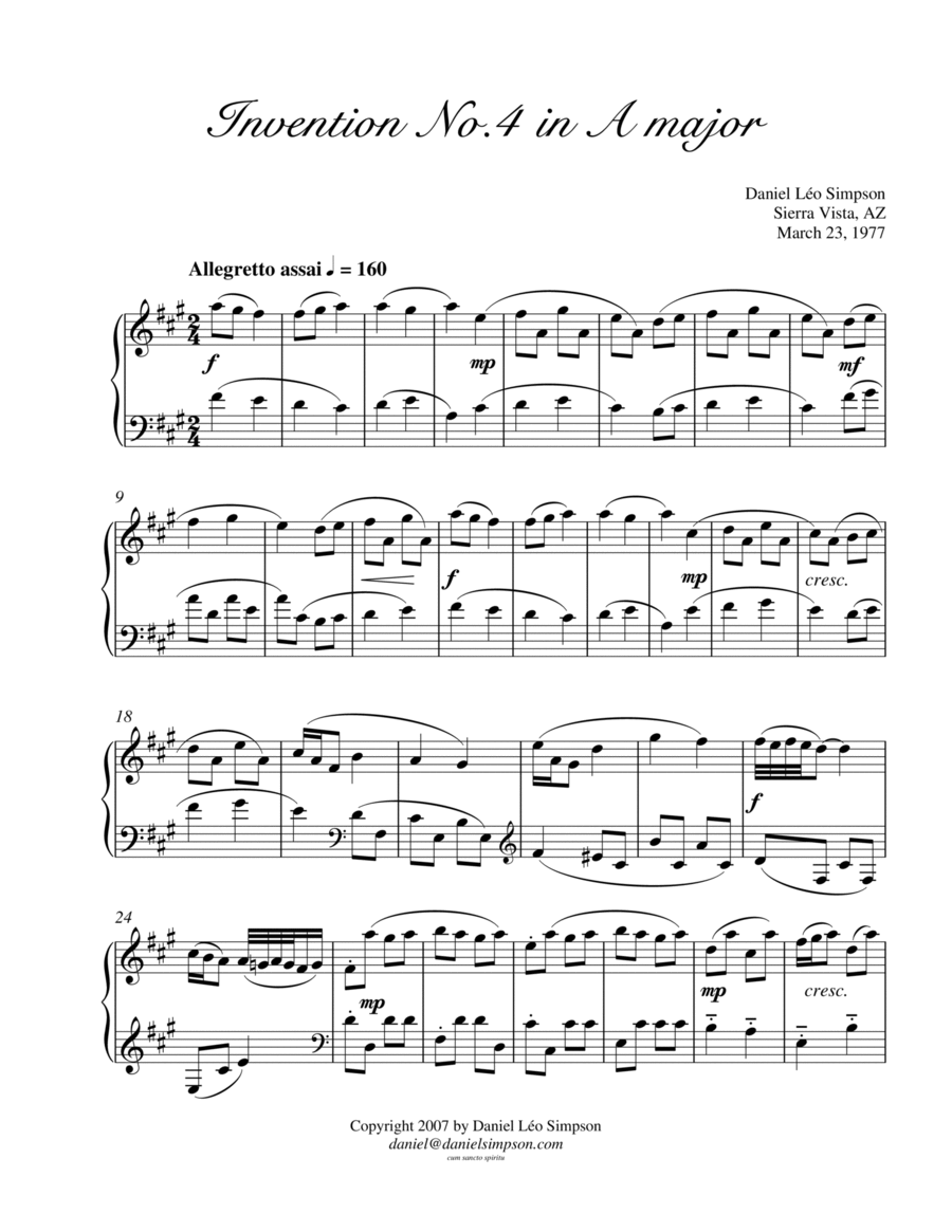 Invention No. 4 in A major Easy Piano scores gallery preview page 1