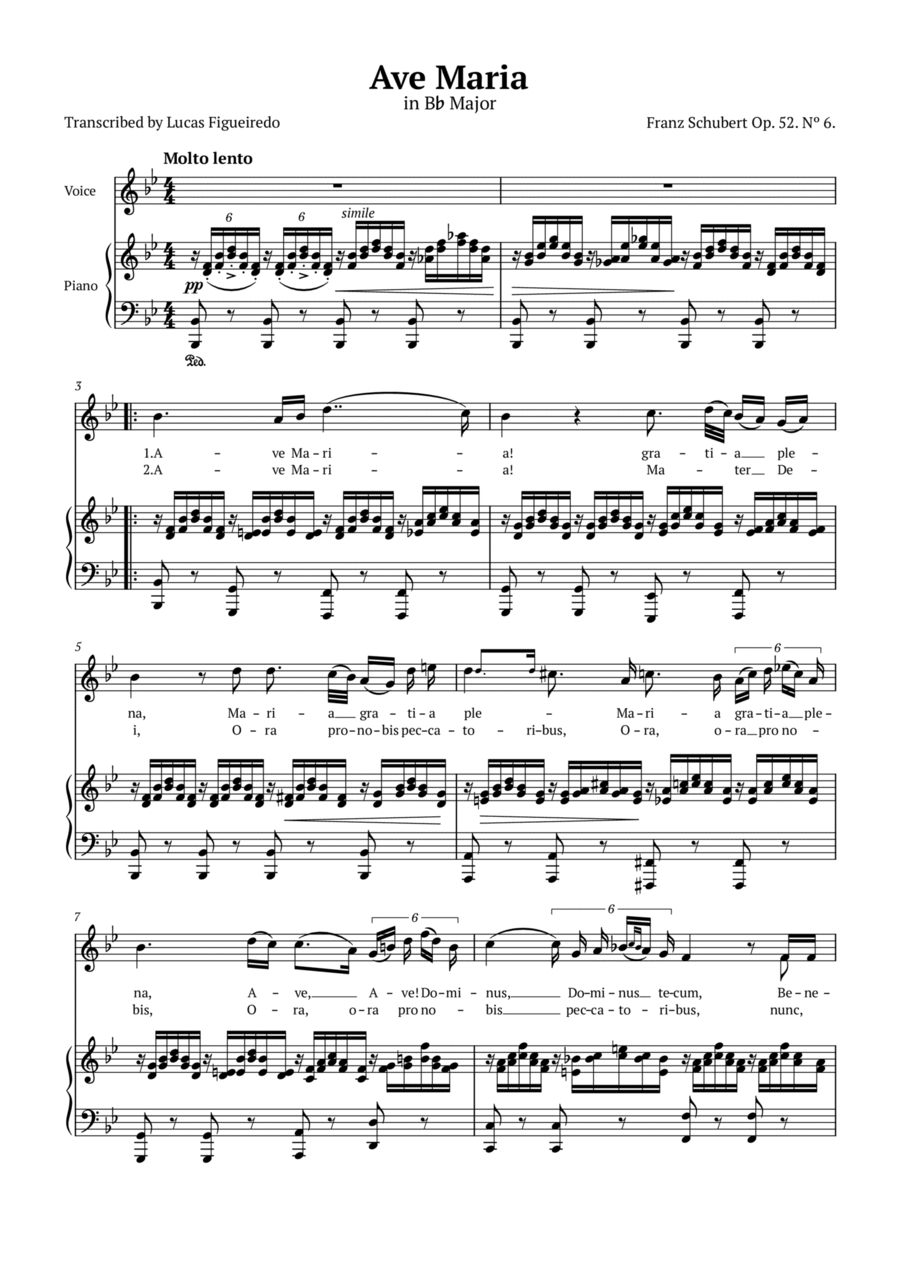 Ave Maria (Schubert) in Bb Major for Piano and Voice (Lyrics in Latin) Voice scores gallery preview page 1