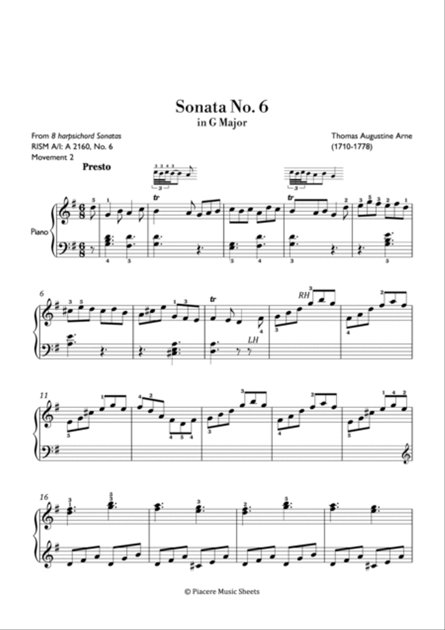 Arne - Presto from Sonata No. 6 in G Major - Intermediate Piano Method scores gallery preview page 2
