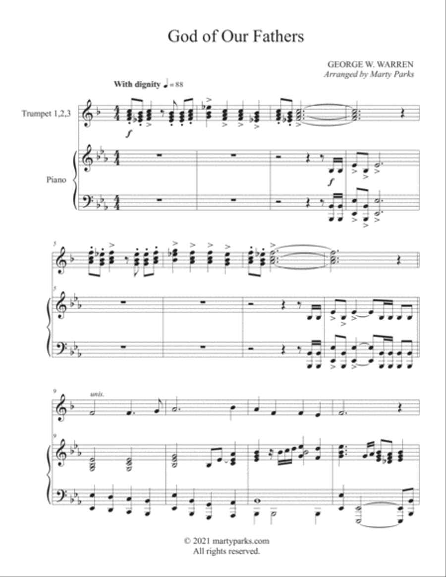 God of Our Fathers (Trumpet Trio - Piano) Trumpet Trio scores gallery preview page 1