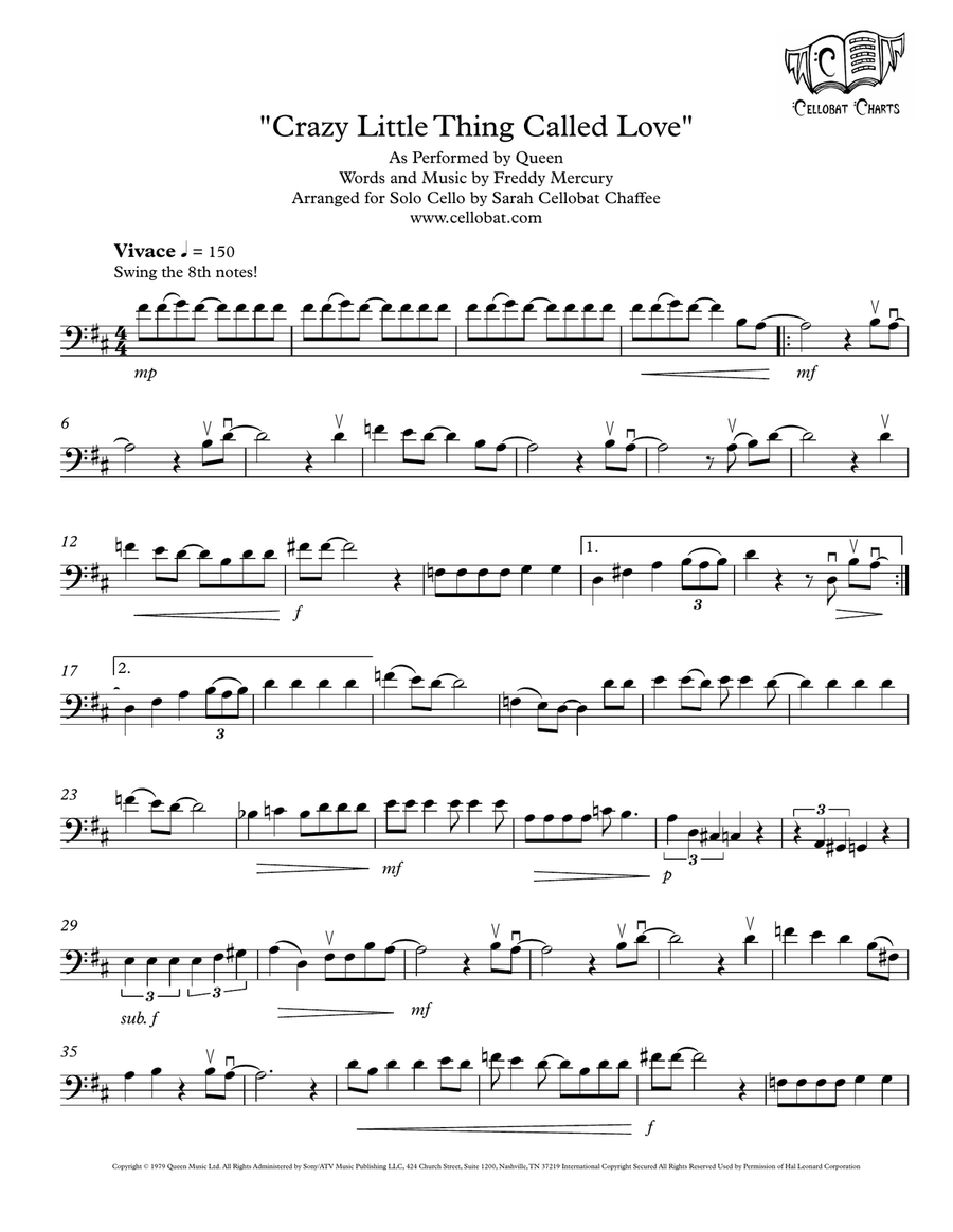 Crazy Little Thing Called Love by Queen Cello Solo - Digital Sheet Music
