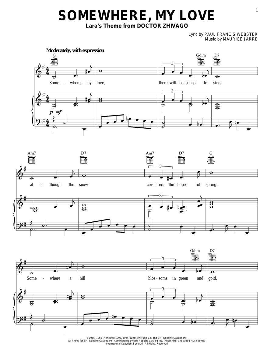 Somewhere, My Love Somewhere, My Love Piano, Vocal, Guitar scores gallery preview page 1