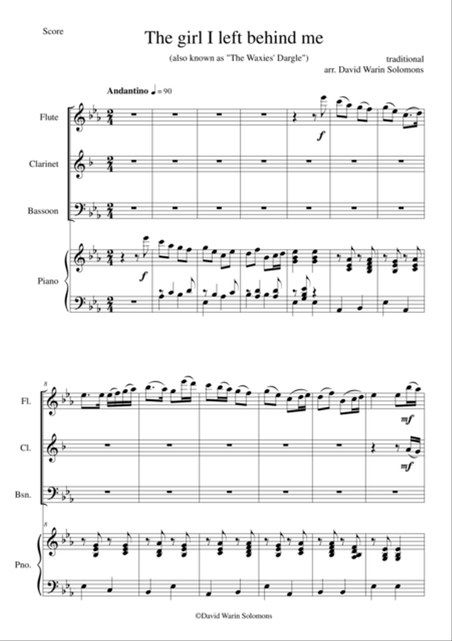The girl I left behind me (Waxies' Dargle) for flute clarinet bassoon and piano Bassoon scores gallery preview page 1