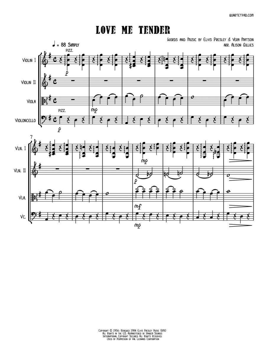 Love Me Tender String Quartet scores gallery preview page 1
