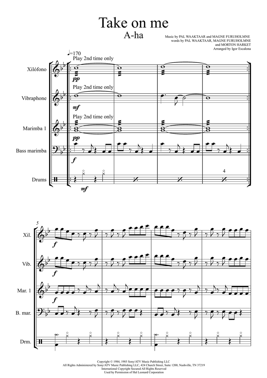 Take On Me Percussion Ensemble scores gallery preview page 3