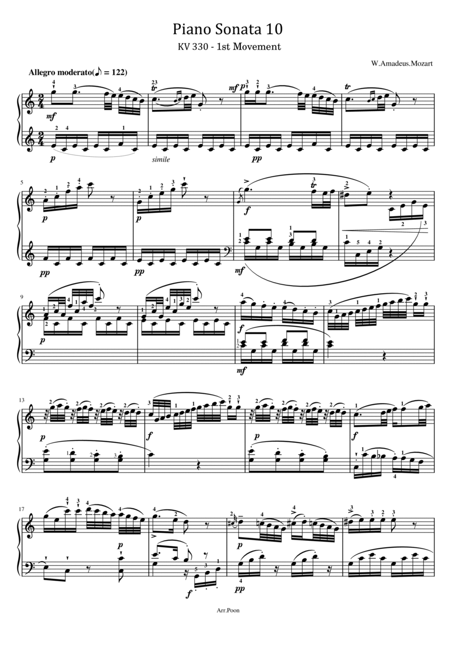 Mozart - Piano Sonata No.10 in C major, K.330/300h - 1st Mov - Original With Fingered Piano Solo scores gallery preview page 1