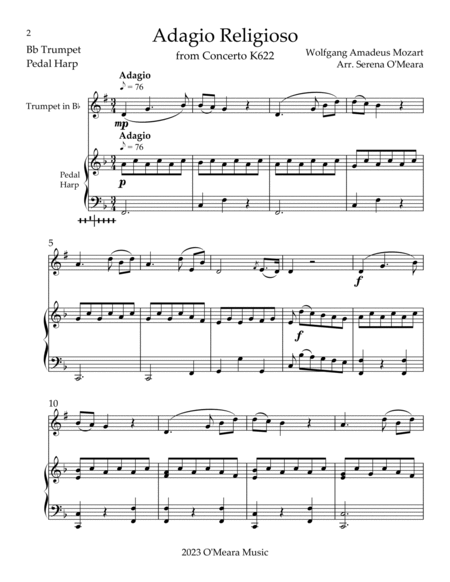 Adagio Religioso, K622, Duet for Bb Trumpet & Pedal Harp image number null