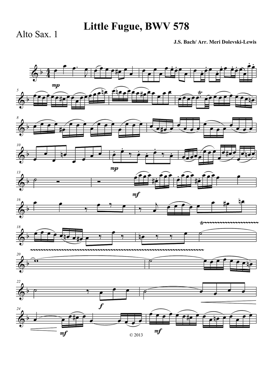Little Fugue in G minor (transposed to D minor)--arr. sax quartet (SATB or AATB) Saxophone Quartet scores gallery preview page 4