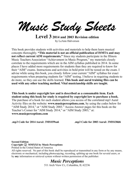 Music Study Sheets Level 3 2014 and 2003 Revision edition