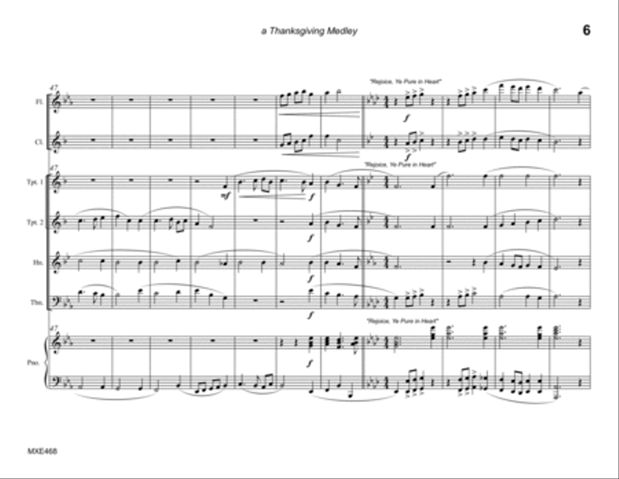 THANKSGIVING MEDLEY (4 hymn medley) - MIXED ENSEMBLE (Flute, Clarinet, 2 Trumpets, Horn & Trombone) Large Ensemble scores gallery preview page 6