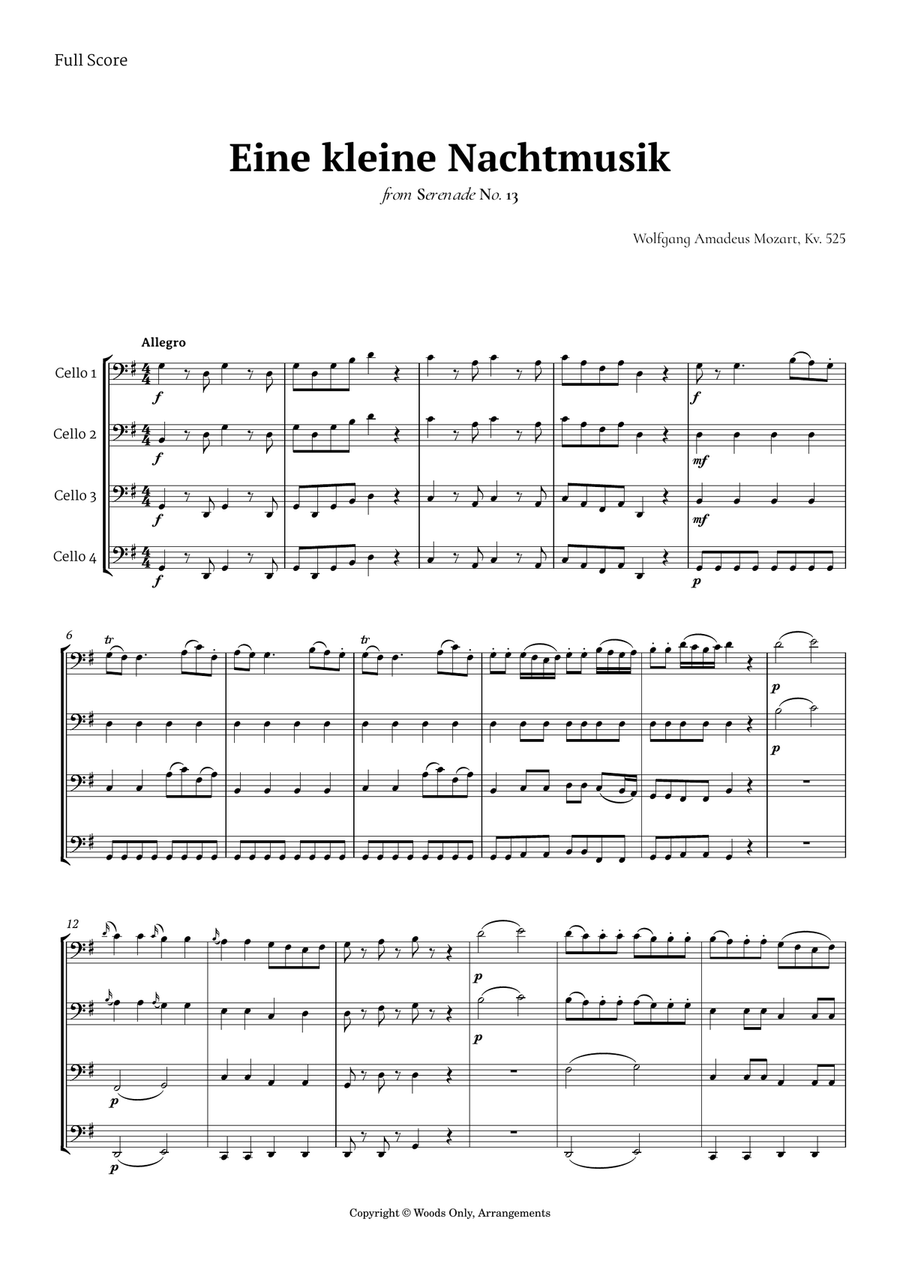 Eine kleine Nachtmusik by Mozart for Cello Quartet String Quartet scores gallery preview page 1
