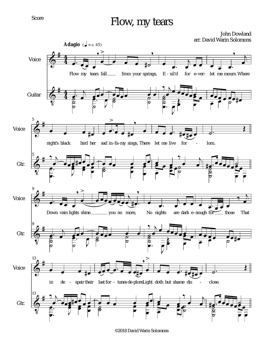 Flow my tears by John Dowland transposed to E minor for alto or baritone and guitar Small Ensemble scores gallery preview page 1