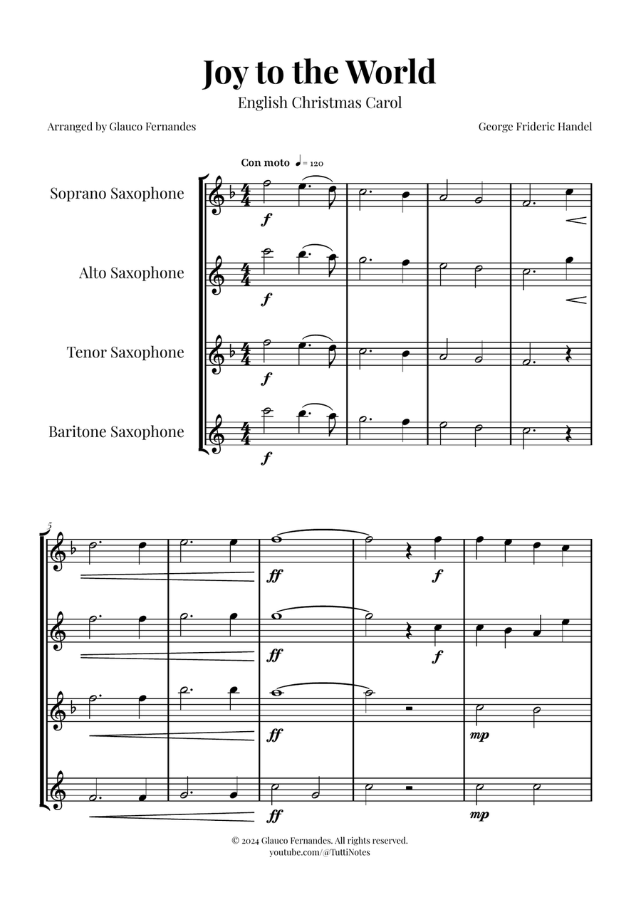 Joy to the World | STUNNING Arrangement Saxophone Quartet scores gallery preview page 1