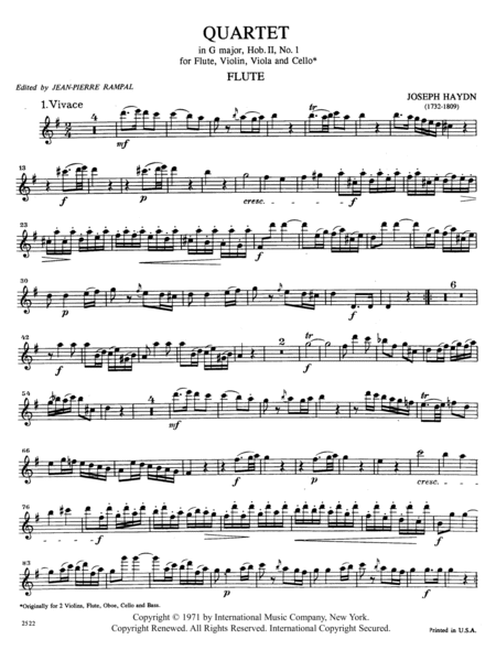 Six Quartets For Flute, Violin, Viola & Cello: Volume II (G,D,C)