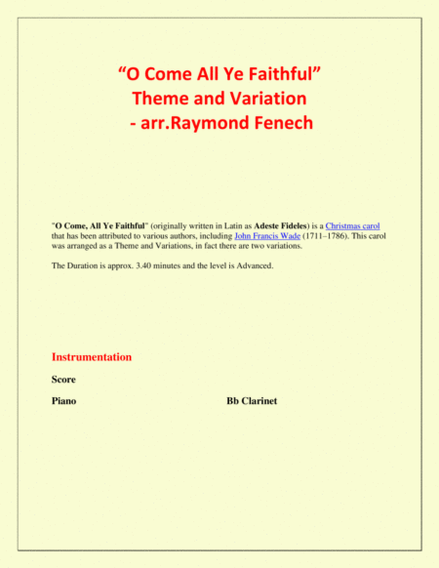 O Come All Ye Faithful (Adeste Fidelis) - Theme and Variation for Bb Clarinet and Piano - Advanced L image number null
