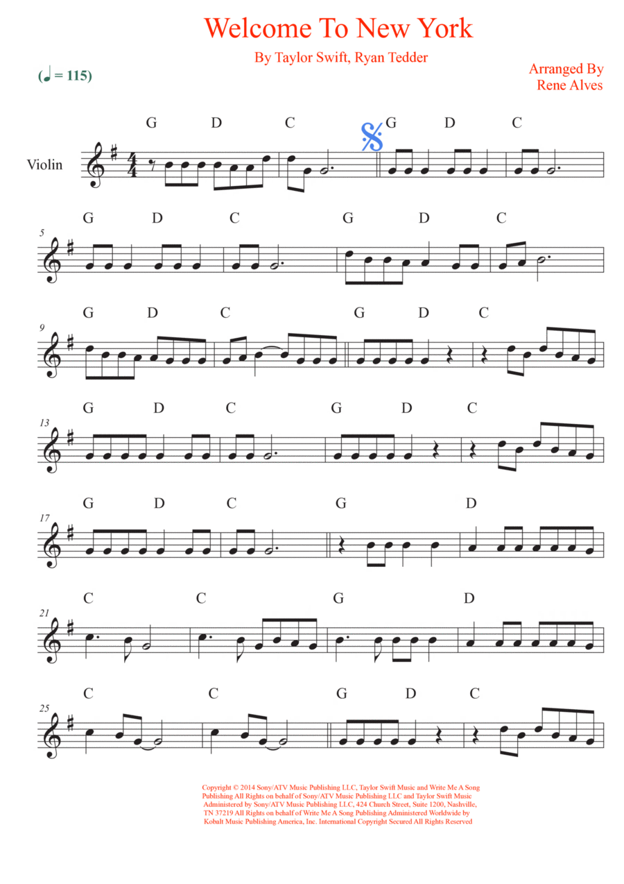 Welcome To New York Welcome To New York Violin Solo scores gallery preview page 1