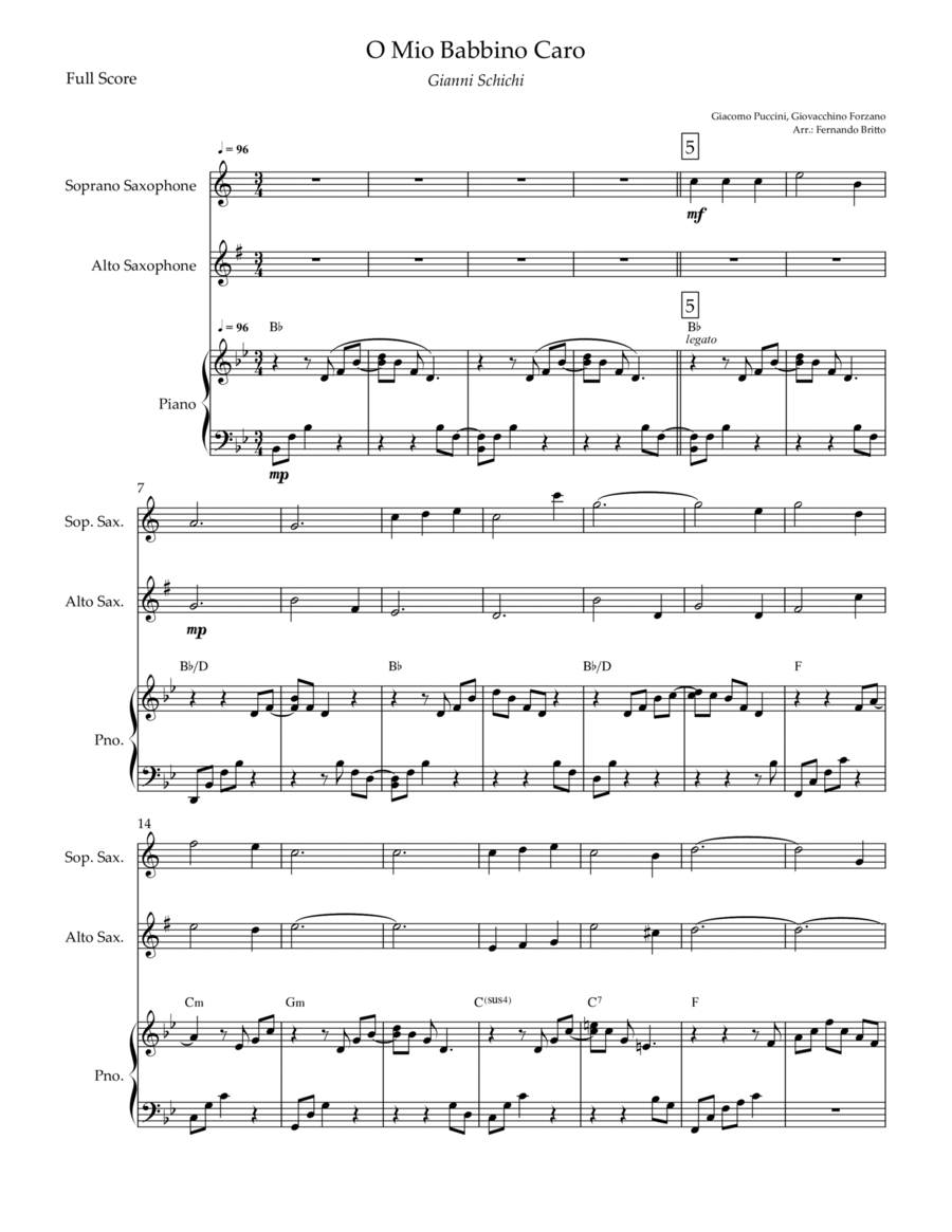 O Mio Babbino Caro (Puccini) for Soprano Saxophone & Alto Saxophone Duo and Piano Accompaniment with Woodwind Duet scores gallery preview page 1