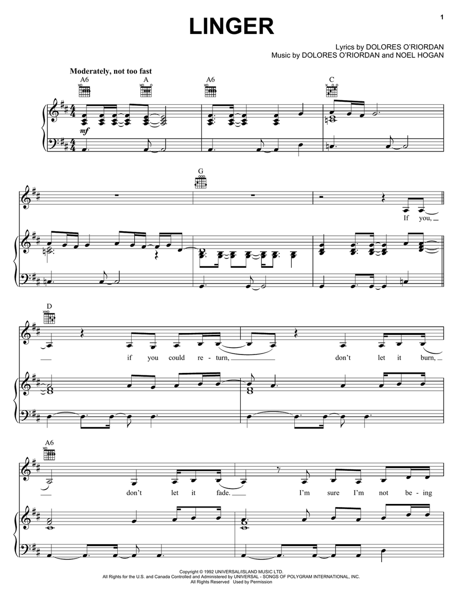 Linger Piano, Vocal, Guitar scores gallery preview page 1
