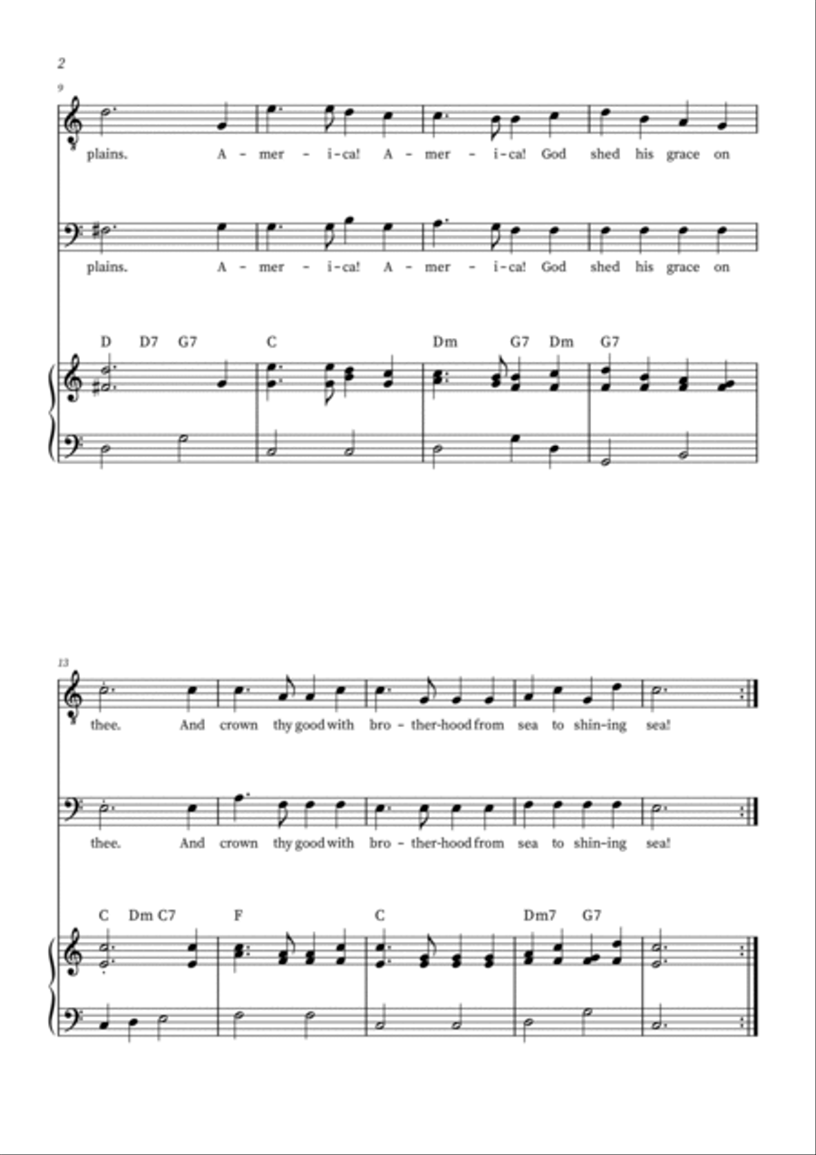 America The Beautiful - Tenor and Baritone (with piano accompaniment + CHORDS) TB scores gallery preview page 2